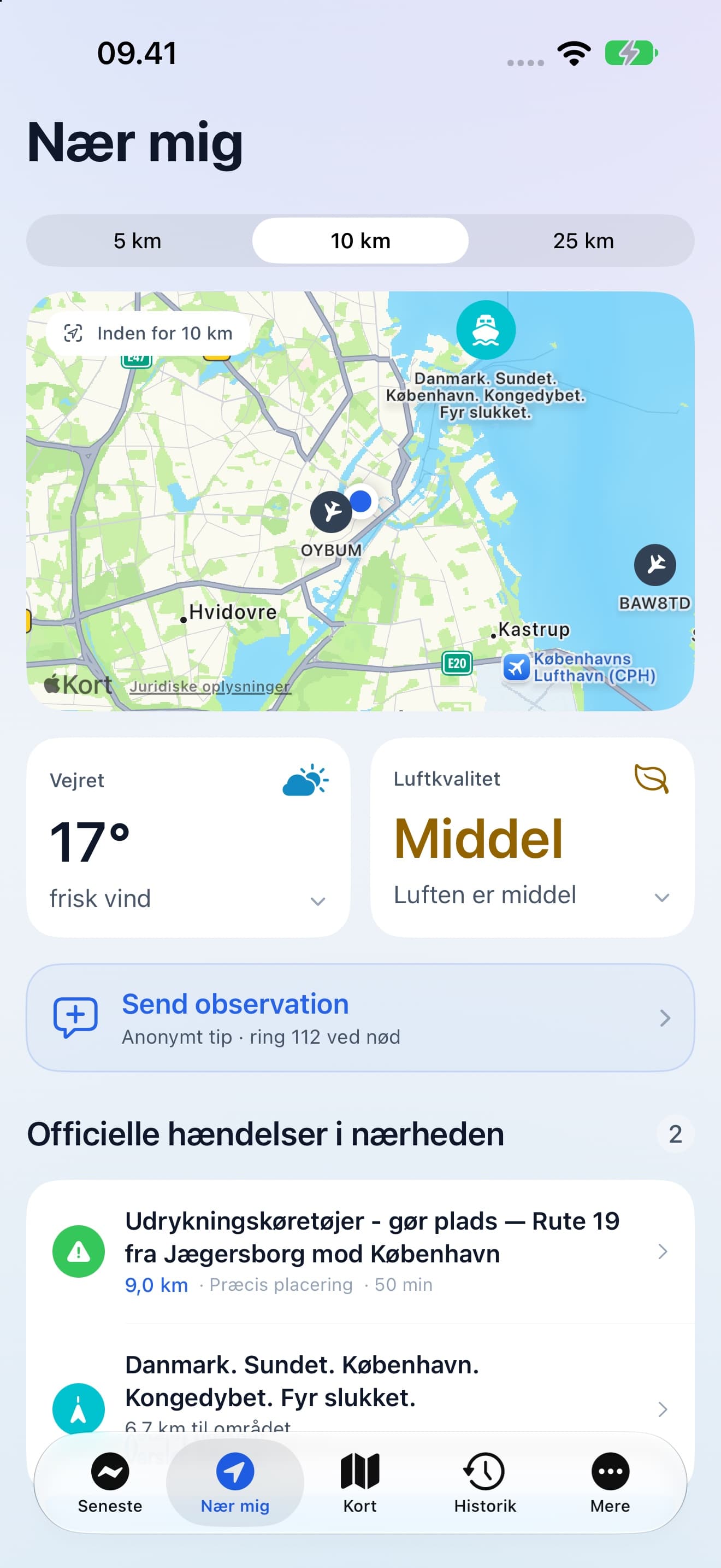 Nær mig i Hændelser med afstandsvalg, lokalt kort, vejr og hændelser.