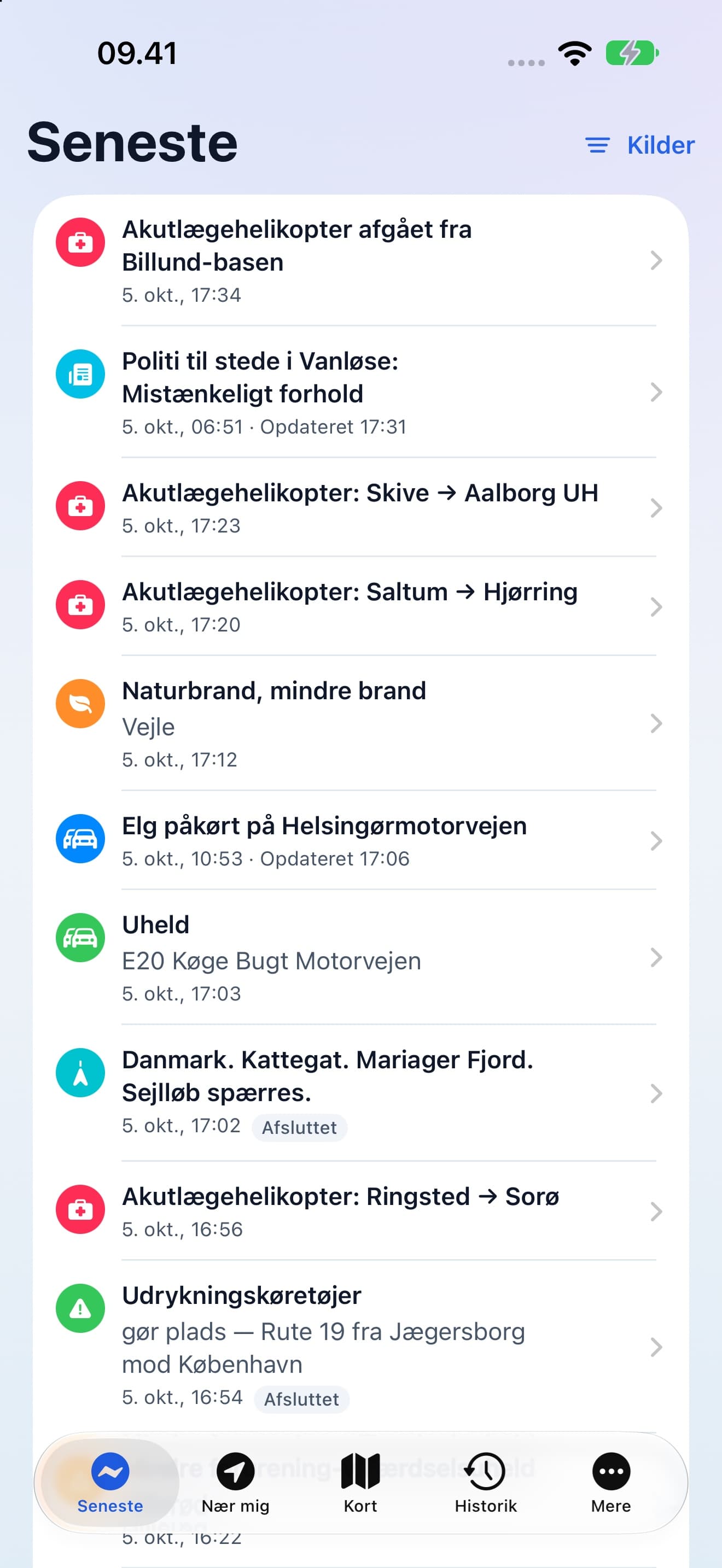 Seneste i Hændelser med kildefilter og en liste over aktuelle meldinger.