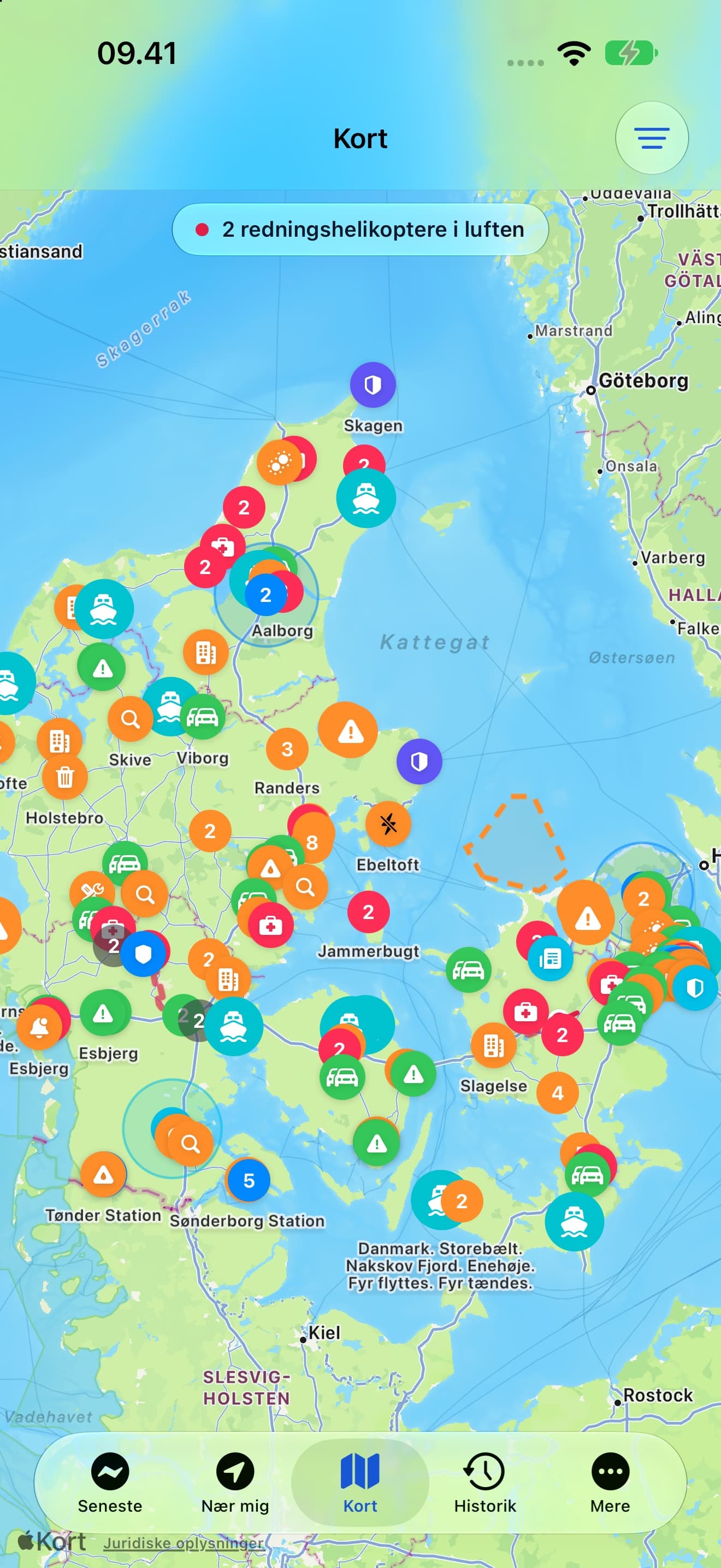 Hændelser på et Apple-kort med kildevalg og markører.
