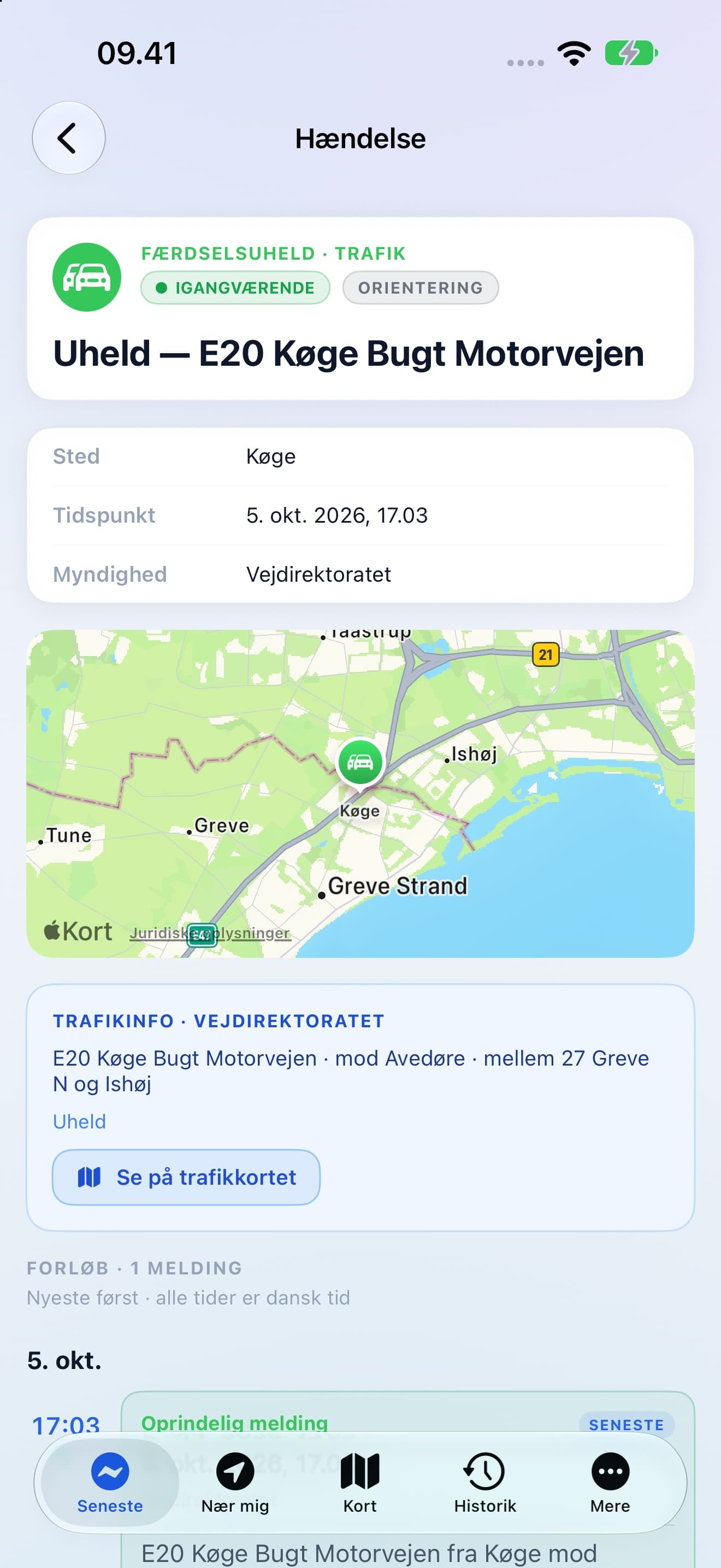 En faktisk hændelse i Hændelser med titel, kilde, tidspunkt og kort.